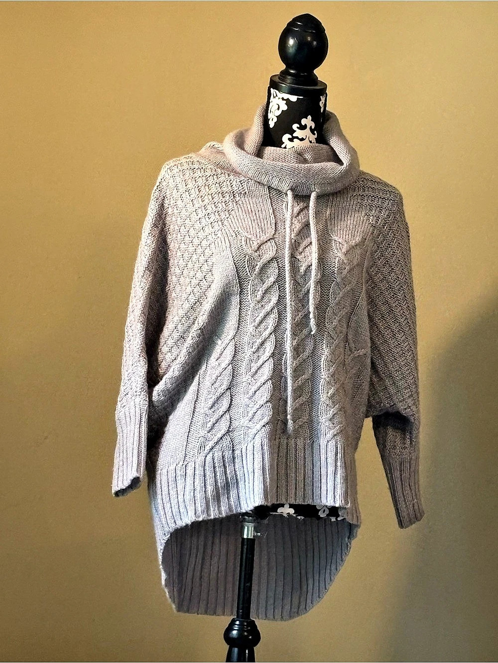 Ruby Moon Cable Knit Cowl Neck Drawstring Sweater Gray Large